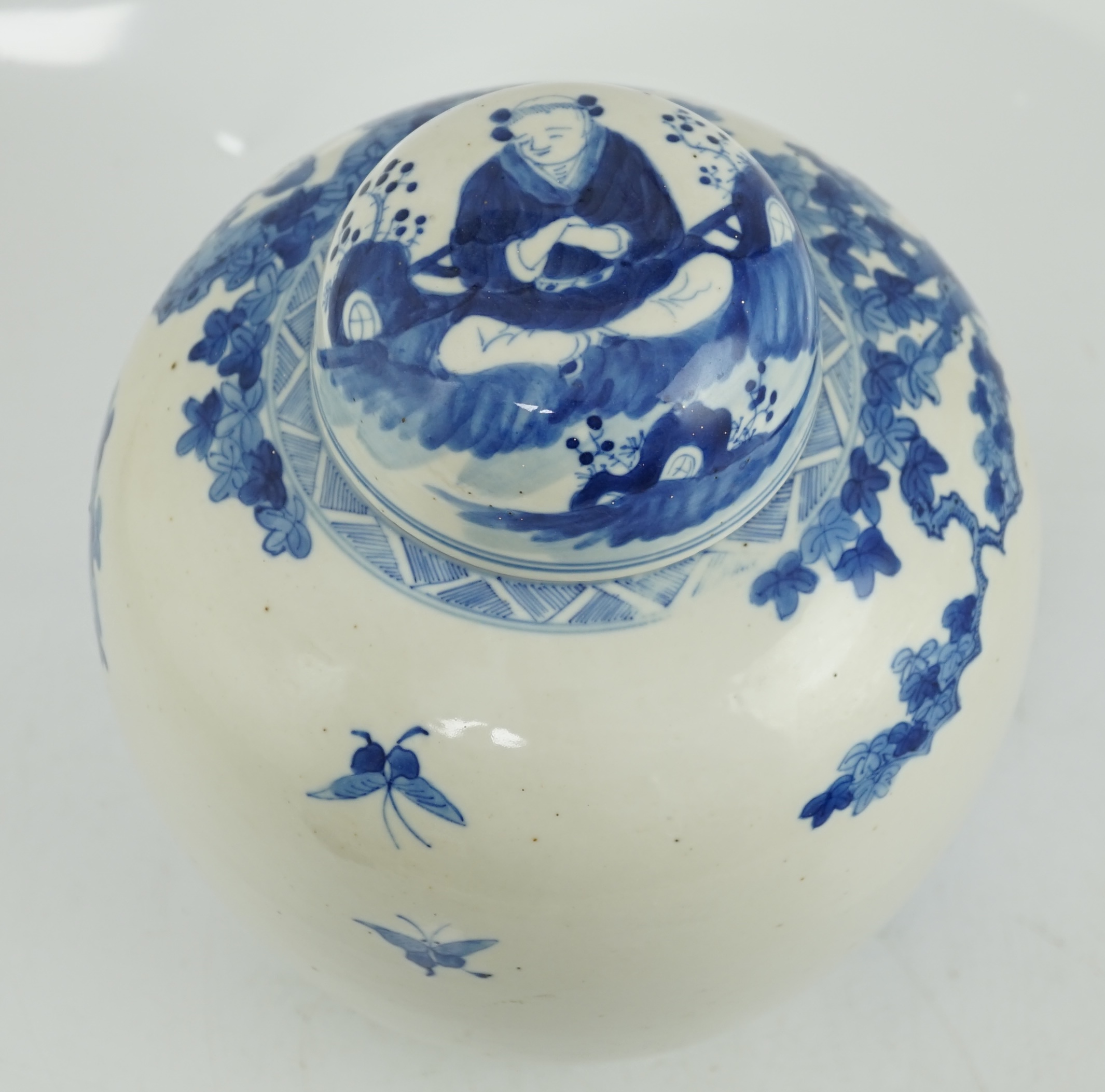 A large Chinese blue and white ‘Romance of the Western chamber’ ovoid jar and cover, Kangxi mark, but late 19th century